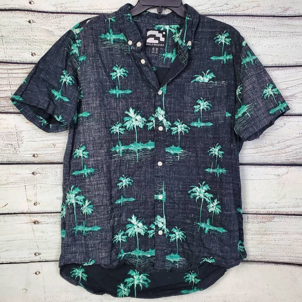 BKLYNSURF Men’s Button Up Shirt Large Black Green Palm Tree Print Short Sleeve 1